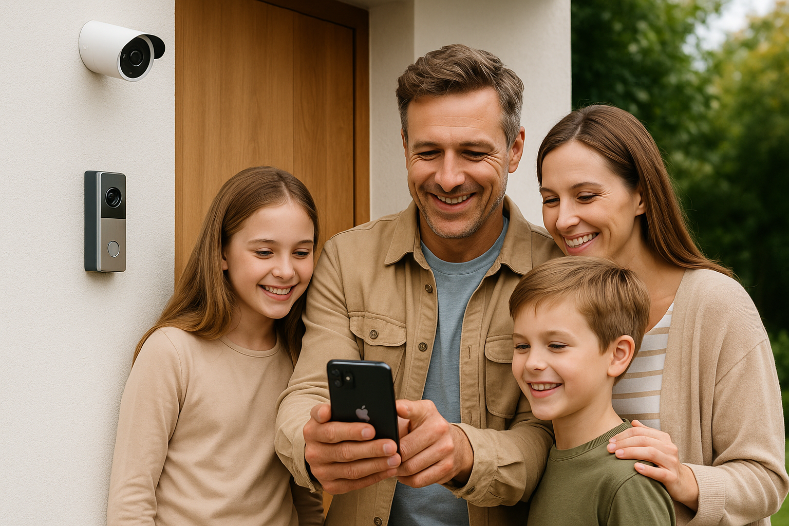 Family using smart home security system with CCTV and doorbell in UK