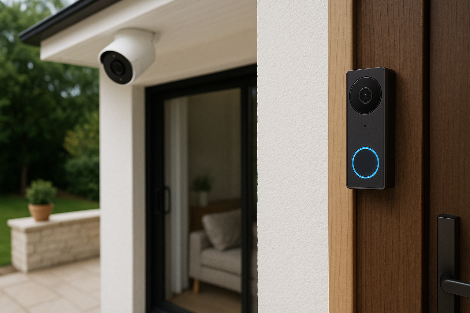 Smart home security system with CCTV camera and video doorbell installed at a modern UK home entrance – SmartHomeShield.co.uk